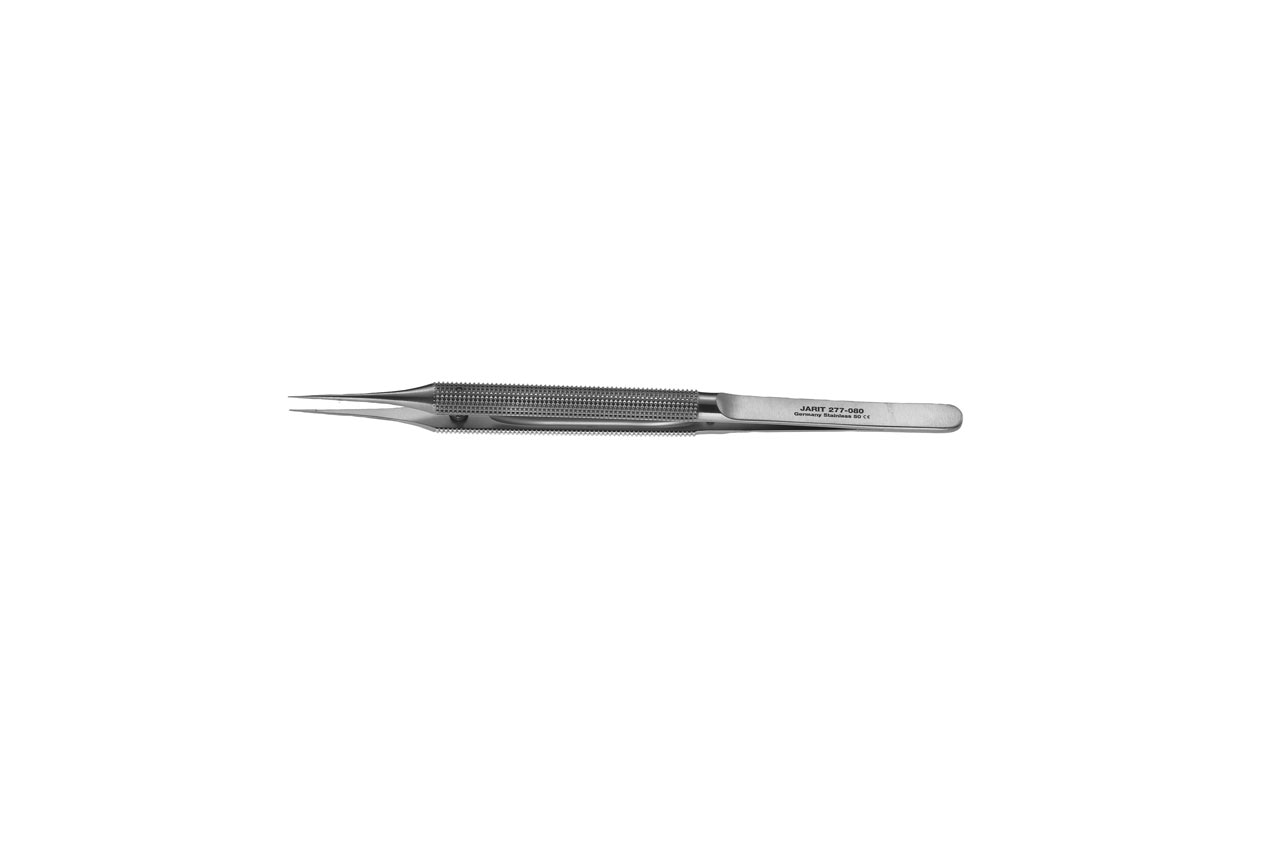 Gomel microsurgery forceps with 1x2 toothed tip and round knurled handle, 16 cm