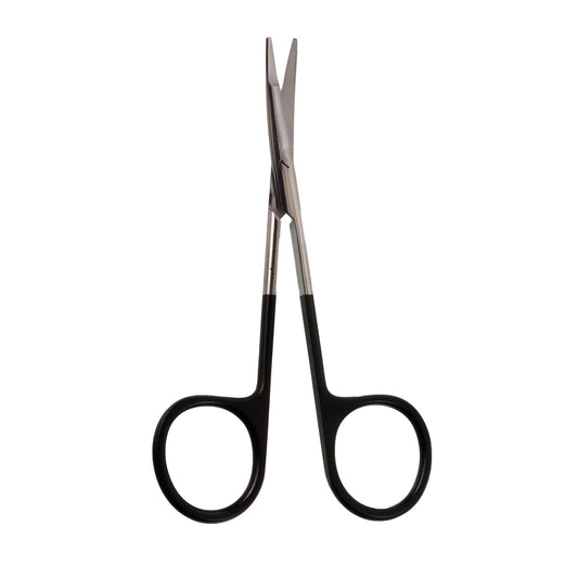 A pair of curved surgical scissors with black handles and silver blades.