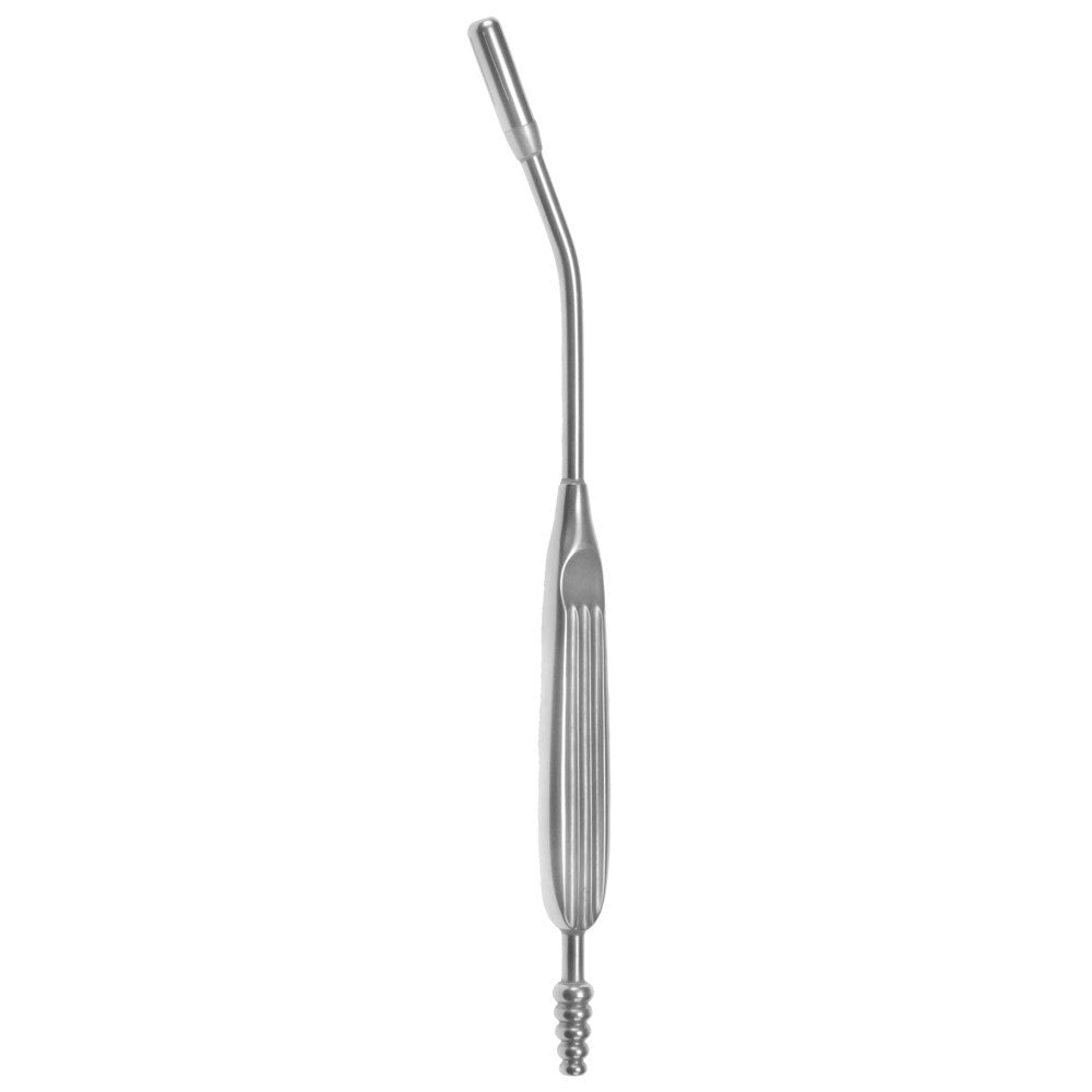 A silver-colored Harvey Vascular Suction Tube with a 9mm diameter, featuring a tapered tip and a handle with a screw mechanism.