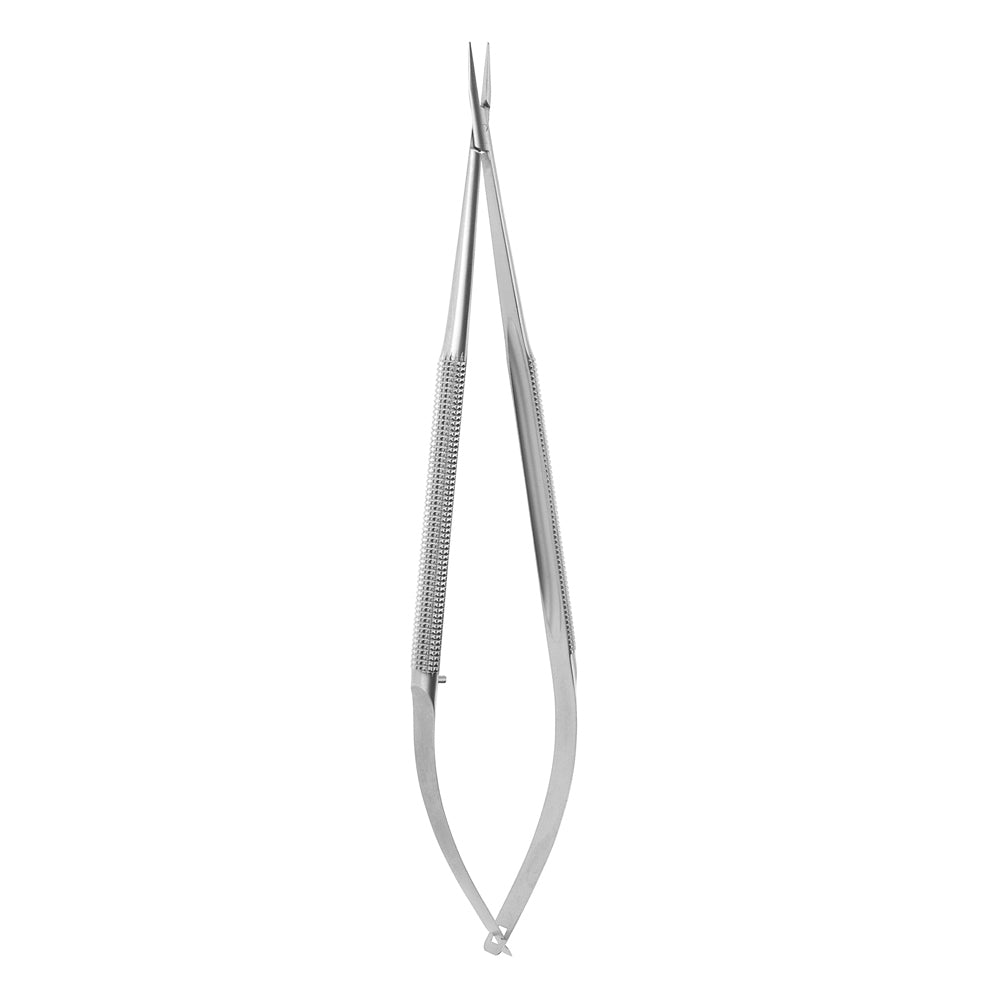 This is an image of a micro needle holder with smooth jaws and no locking mechanism, typically used in delicate surgical procedures.