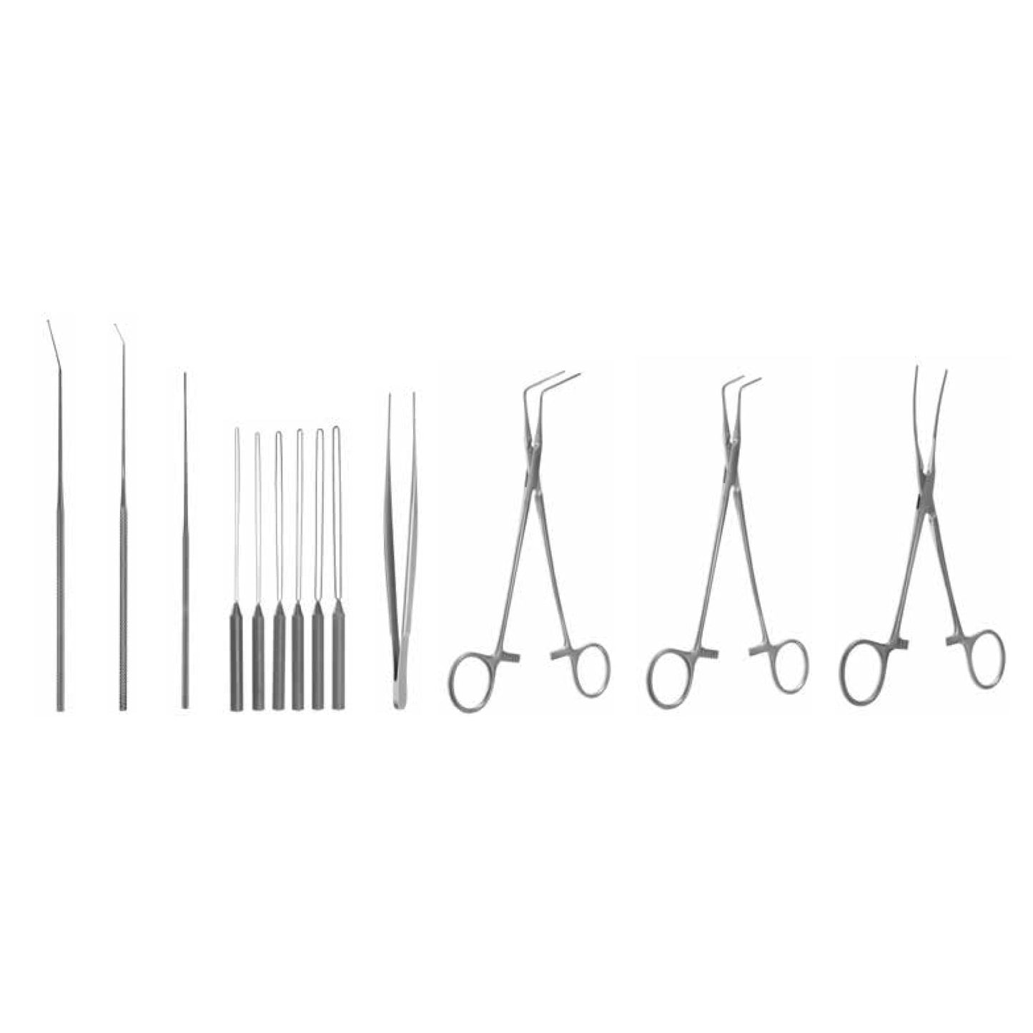 Mills coronary endarterectomy set (complete) - A set of silver surgical instruments for coronary endarterectomy, including needles, forceps, and scissors.