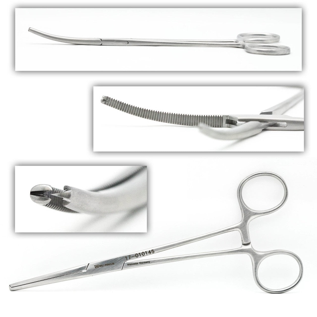 A set of three images showing different views of a 7 1/2 inch Hargis Coronoid Clamp, with a self-retaining mechanism and curved tips, made of silver metal.