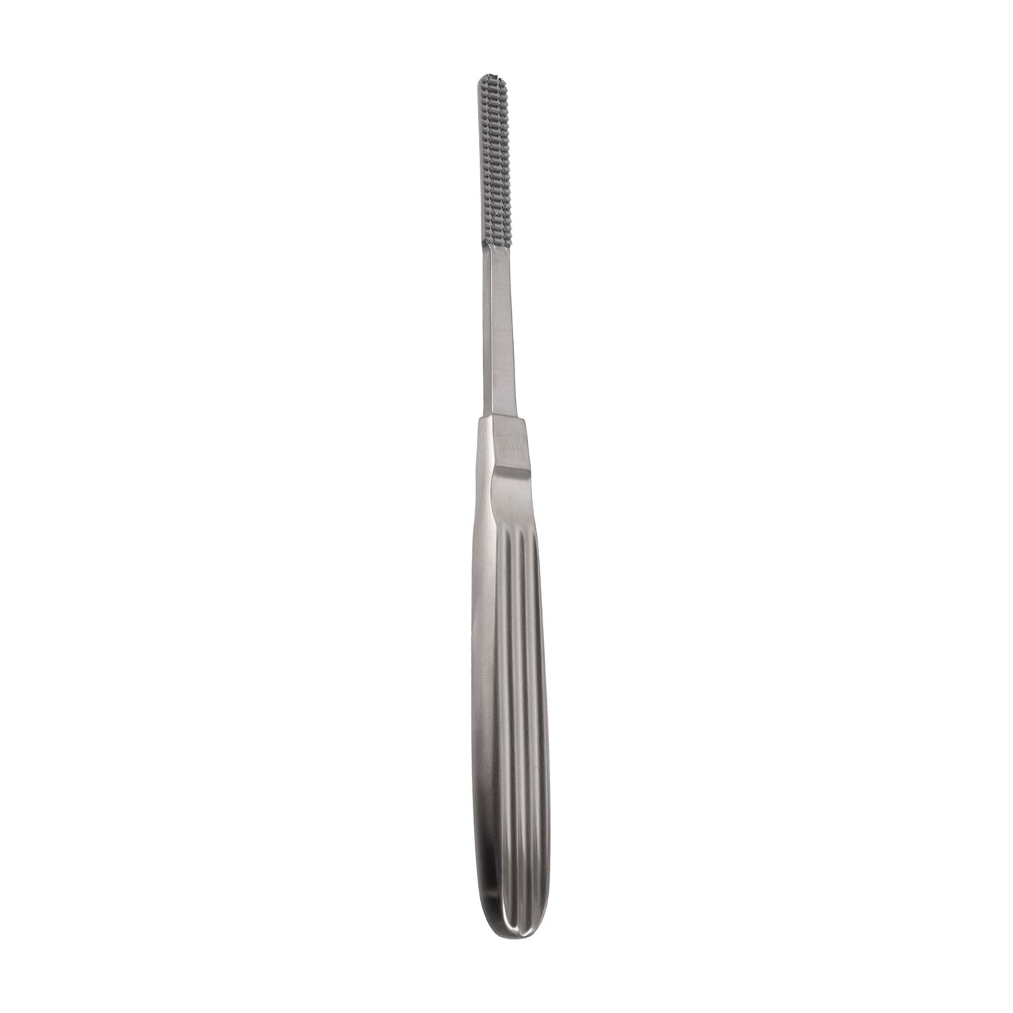 Maltz rasp downstroke - A stainless steel surgical instrument with a ribbed handle and downstroke teeth, used for bone shaping and smoothing in orthopedic or maxillofacial procedures.