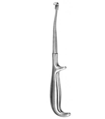 A medical instrument, specifically a pterygo-masseteric sling stripper, made of silver metal with a curved tip and handle.