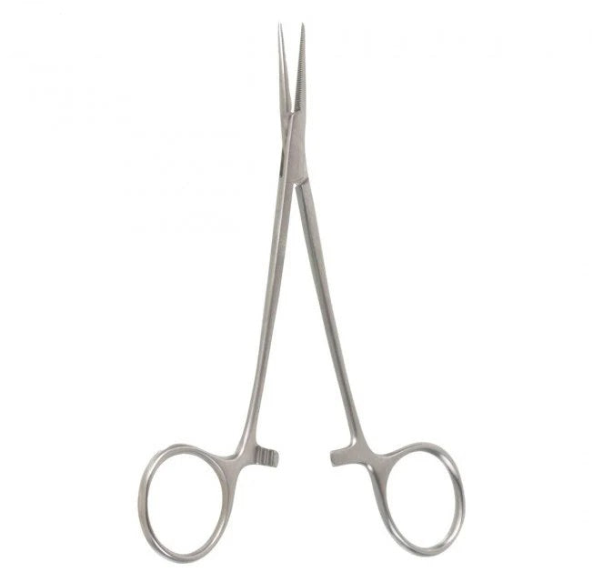 A pair of Baby Jake's Hemo Forceps with curved jaws, made of stainless steel for medical use.