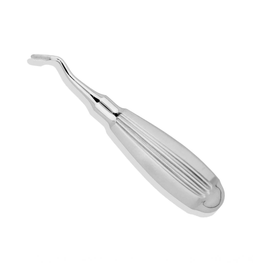 A single angled dental elevator instrument made of stainless steel with a slanted blade and ergonomic handle.