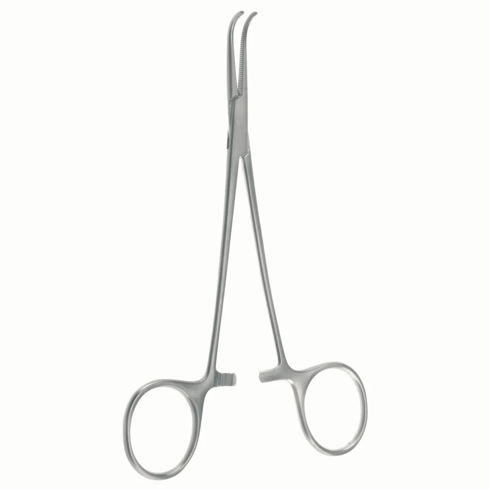 A pair of Mixter forceps with a right-angle design, featuring curved tips and round handles.