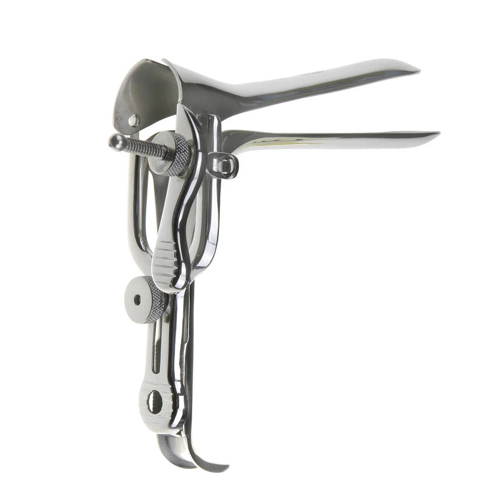 A stainless steel Pederson extra large vaginal speculum, with a slim bivalve design, designed for gynecological examinations and procedures.