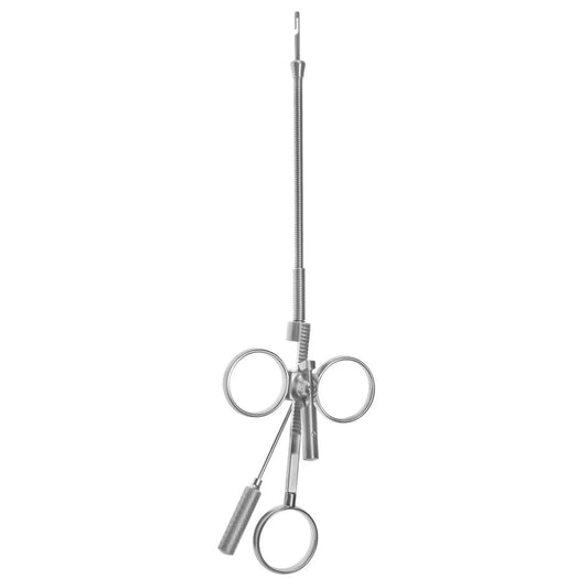 A silver Rumel Tourniquet with Flex-Neck and Ratchet, typically used in surgical procedures to regulate blood flow.