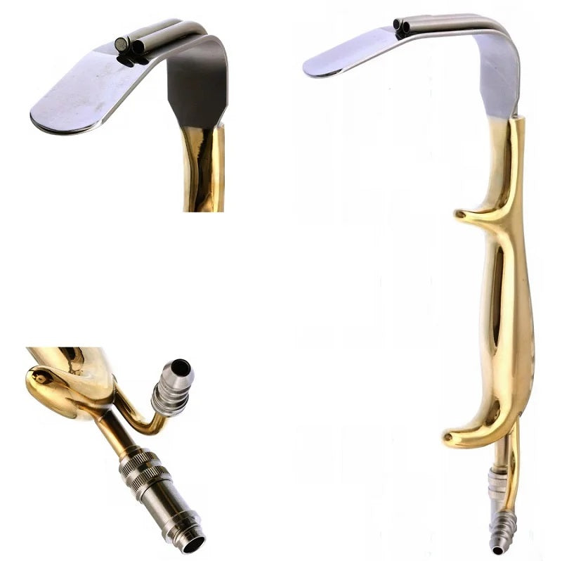 A set of Tebbetts fiber optic retractors with varying blade sizes, the main focus is on a toothless retractor with a gold-colored handle and stainless steel blade.