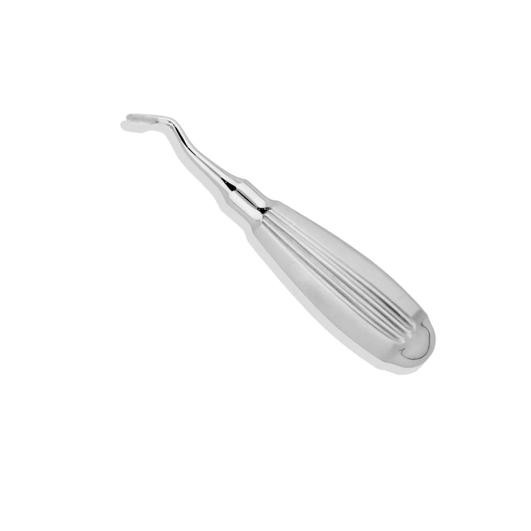 A single angled dental elevator with a slanted blade and ergonomic handle, made of stainless steel.