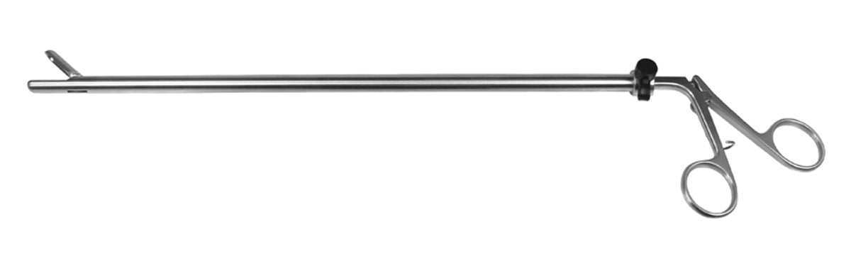 A pair of silver spoon forceps with a spring-loaded mechanism.