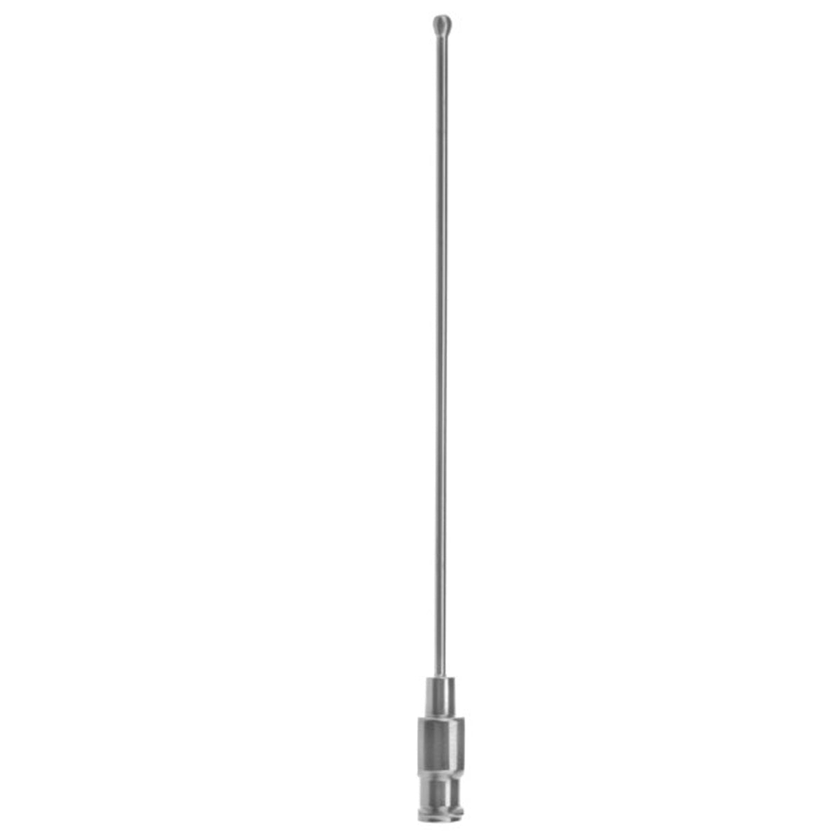 A straight suction needle with an olive tip, used for fluid aspiration in microsurgery, with visible dimensions of 1.5mm by 80mm.
