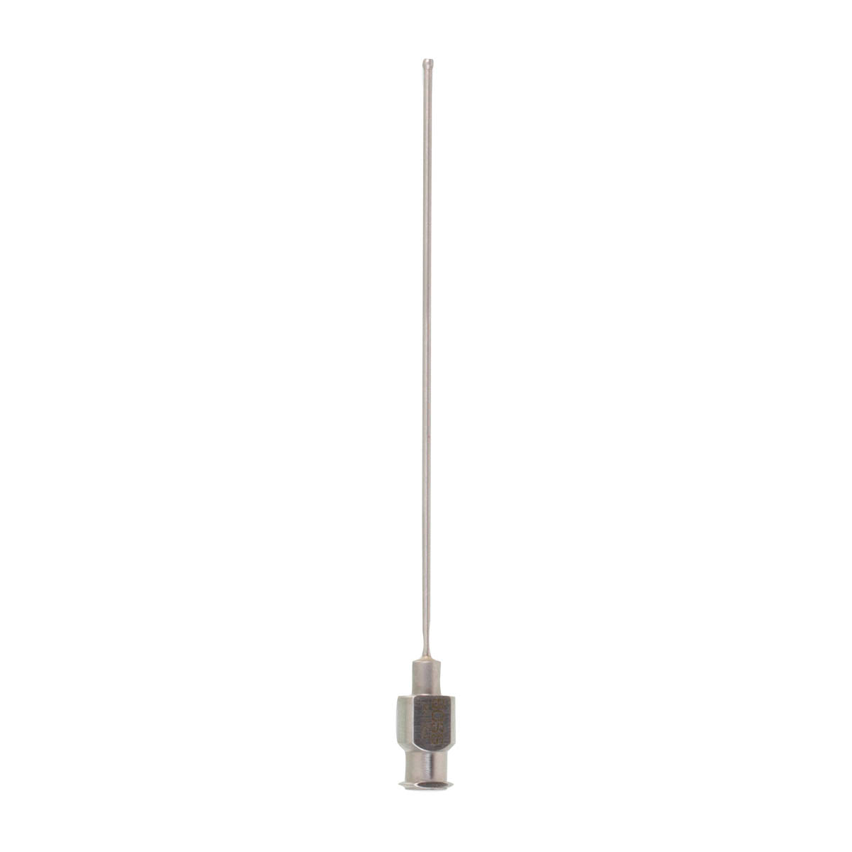 An 18-gauge smooth hub heparin needle made of stainless steel for medical use.