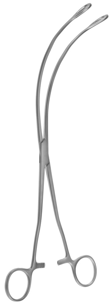 A pair of 12-1/8 inch K-P long jaw ring forceps with side-curved jaws, primarily stainless steel in color.