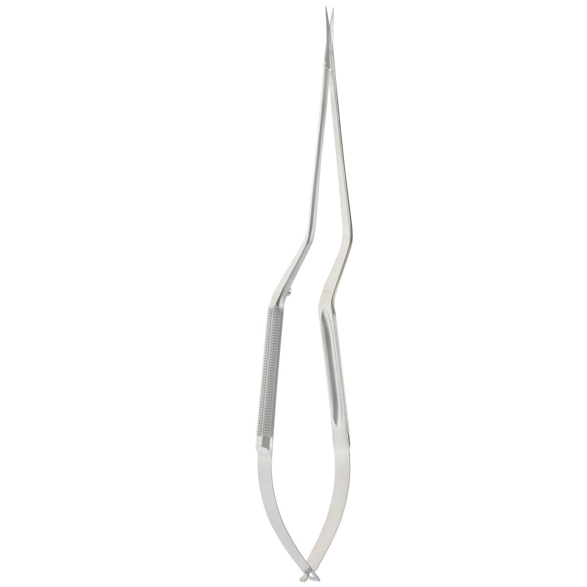 A pair of micro scissors with a round handle and straight blades, predominantly silver in color.