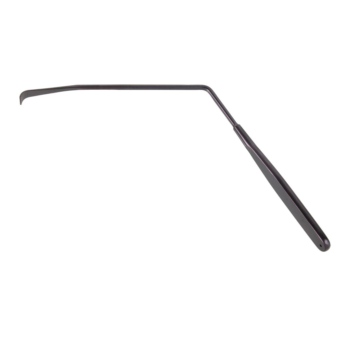 A black, curved nerve root retractor with an 11 mm shaft handle for spinal treatments.