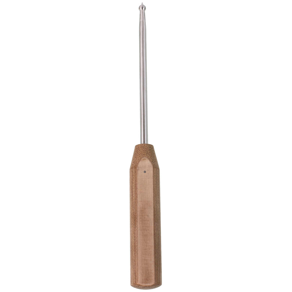 A straight ball spike with a pointed tip and a brown wooden handle, designed for orthopedic procedures.