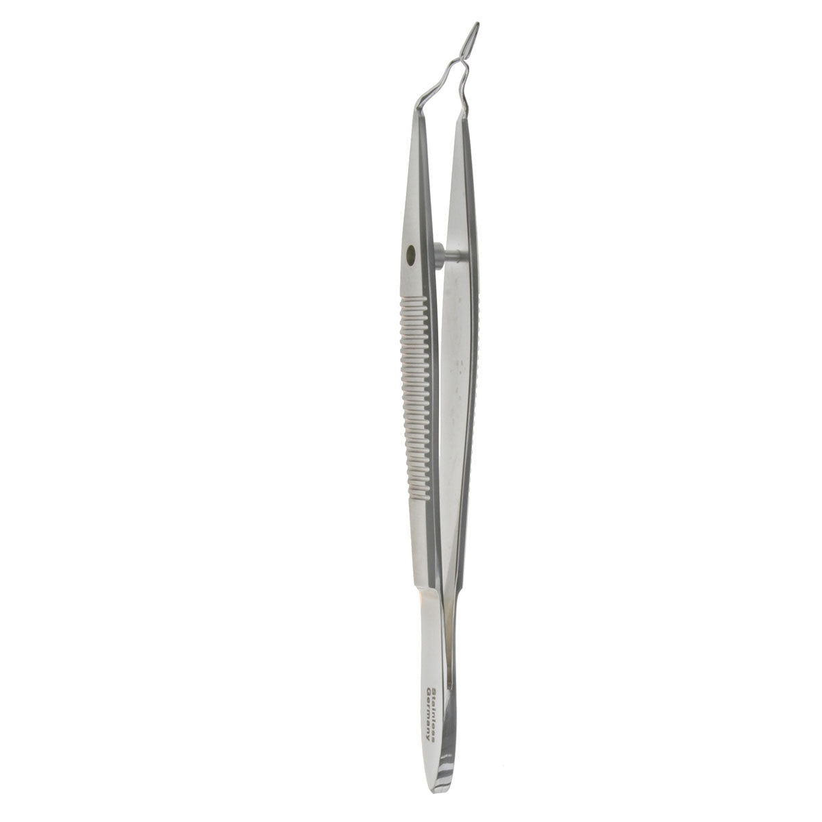 A pair of Ernest-McDonald IOL Inserting Forceps, made of silver-colored metal, used for precise handling and insertion of intraocular lenses during eye surgeries.