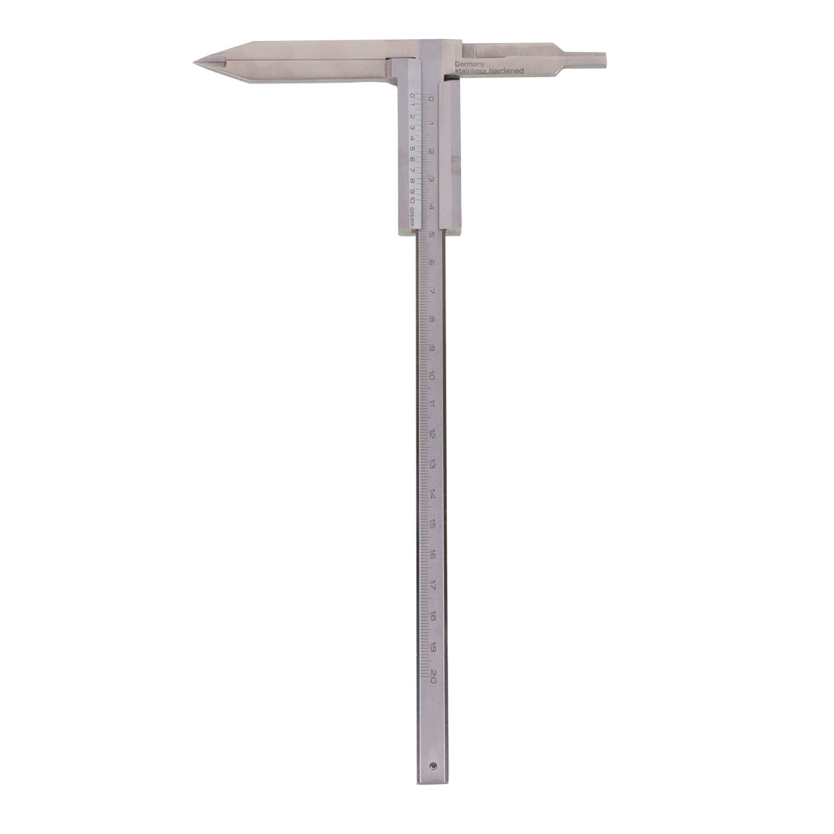 A Tessier Caliper, 26cm in length, made of silver metal, used for measuring craniofacial distances in reconstructive and maxillofacial surgery.