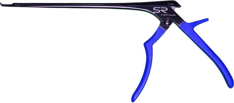 Slick Grip Kerrison, small handle, 8" shaft length, jaw width 1mm, thin footplate, top ejector, 40°, upbiting, black coated