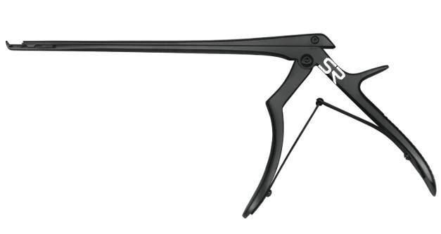 Spurling-Kerrison, small handle, 7" shaft length, jaw width 1mm, thin footplate, top ejector, 40°, upbiting, black coated