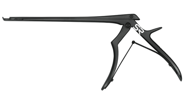 Spurling-Kerrison, small handle, 7" shaft length, jaw width 0.8mm, thin footplate, top ejector, 40°, upbiting, black coated