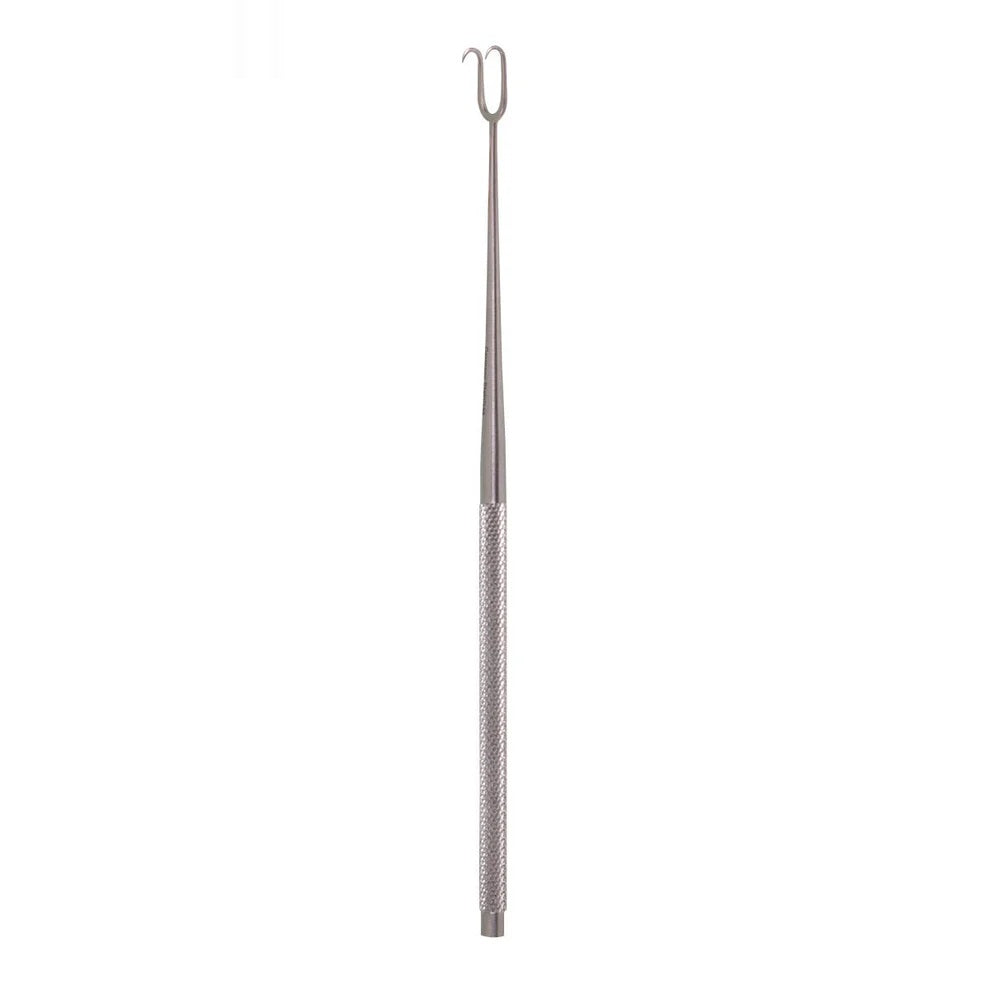 Stainless steel Joseph skin hook with a delicate two-prong tip and textured handle