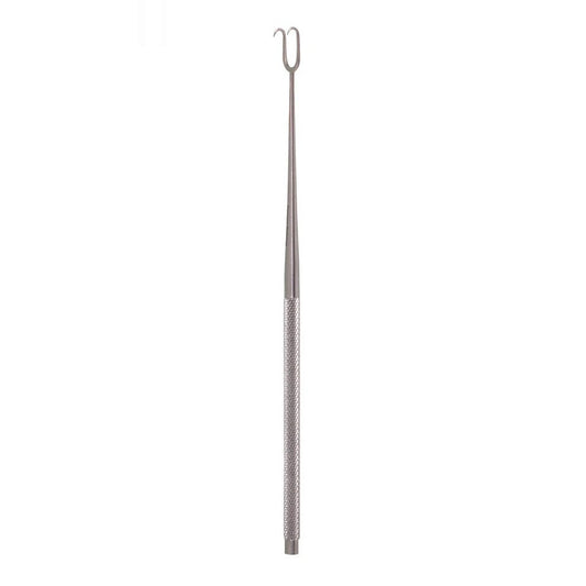 Stainless steel Joseph skin hook with a delicate two-prong tip and textured handle