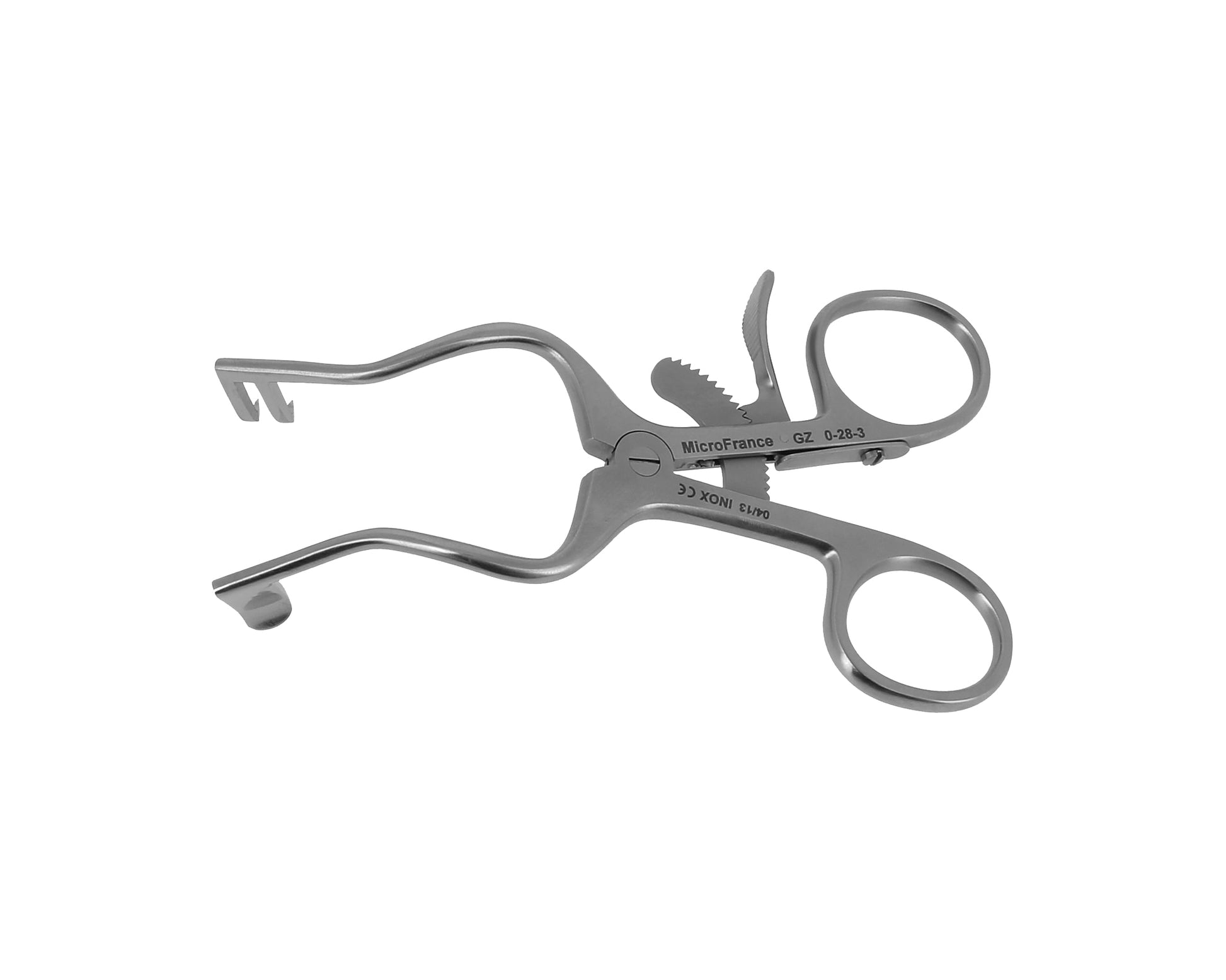 Self-retaining spring retractor with two blunt prongs, 16cm