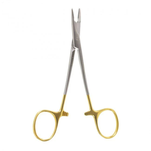 A 1/2 inch surgical needle holder and scissor combination with gold-colored handles and stainless steel blades.