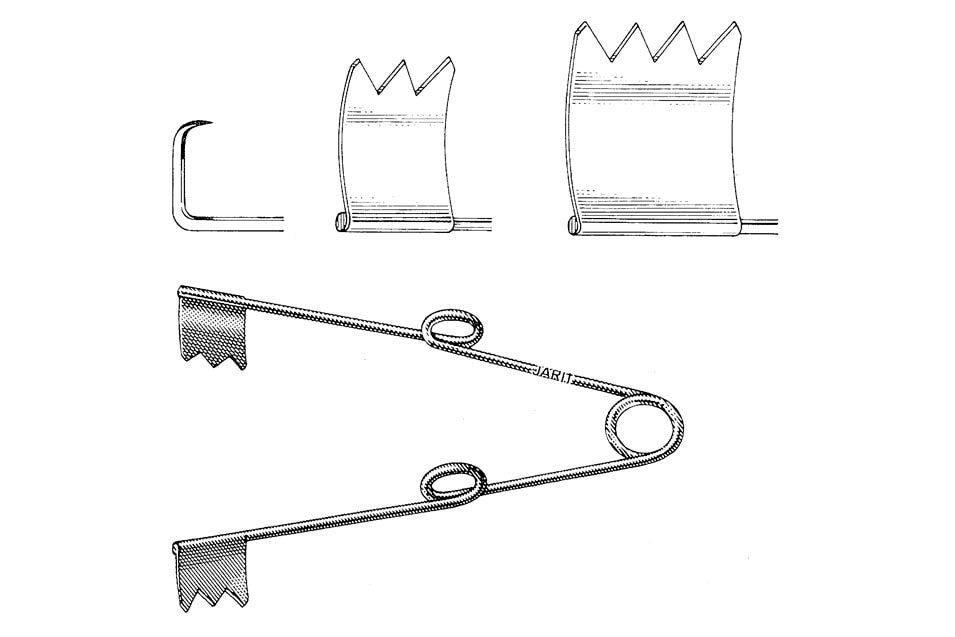 Spring retractor with four blunt prongs, 16cm