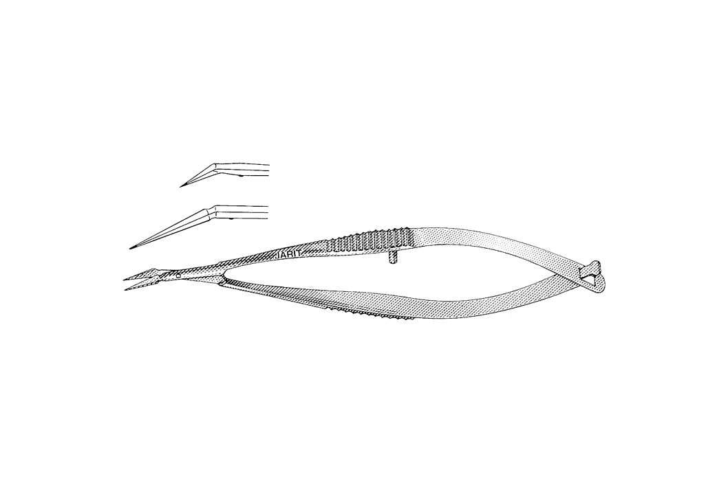 Titanium Gills capsulotomy scissors with 10mm angled blades, curved tips and sharp points