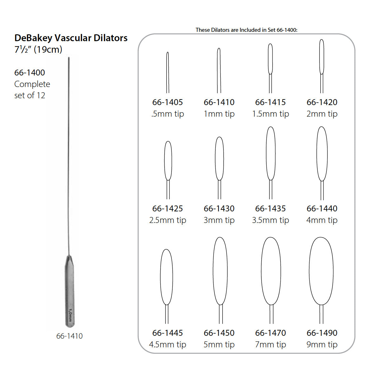 7 1/2 Debakey Vascular Dilators set of 12