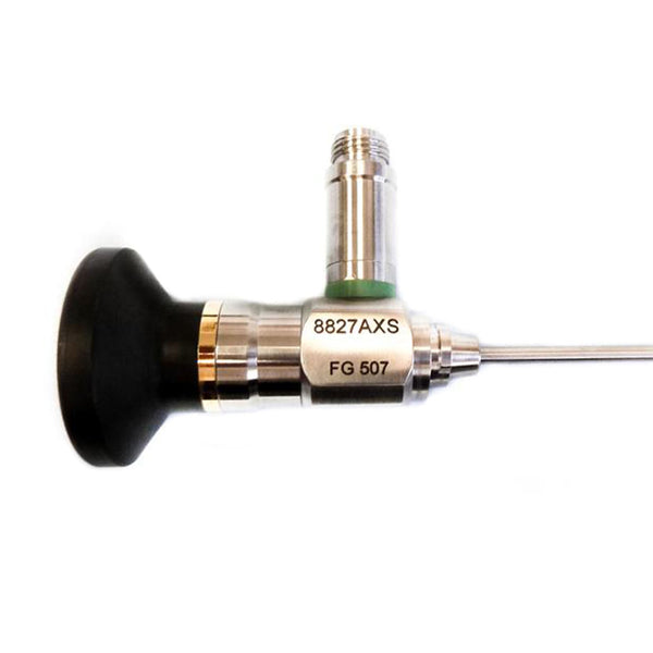 Medical device with metallic and black components on a white background