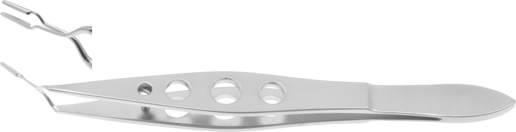 A pair of stainless steel Ernest-McDonald IOL Inserting Forceps used for precise intraocular lens insertion in cataract surgery.