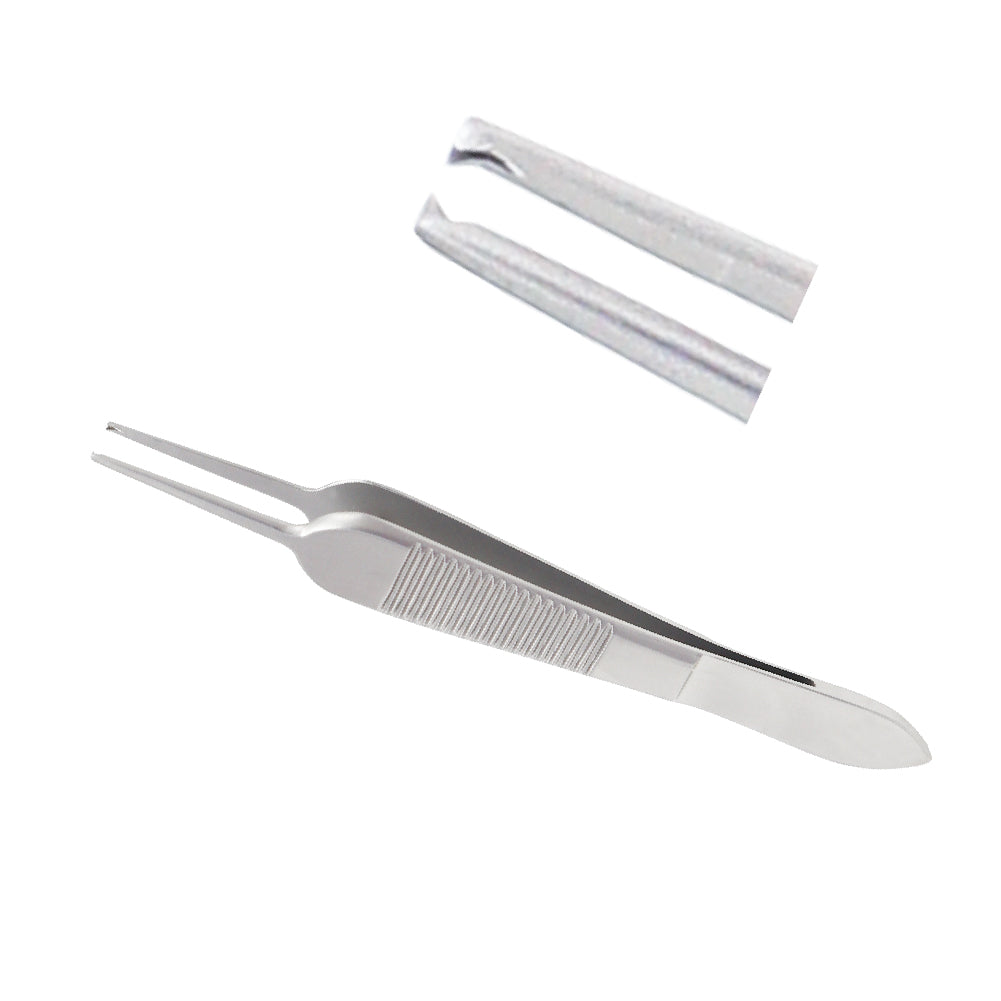 Castroviejo angled suturing forceps with 1x2 teeth and tying platform