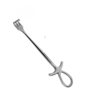 The Murphy Retractor with three sharp prongs measures 7 3/4"