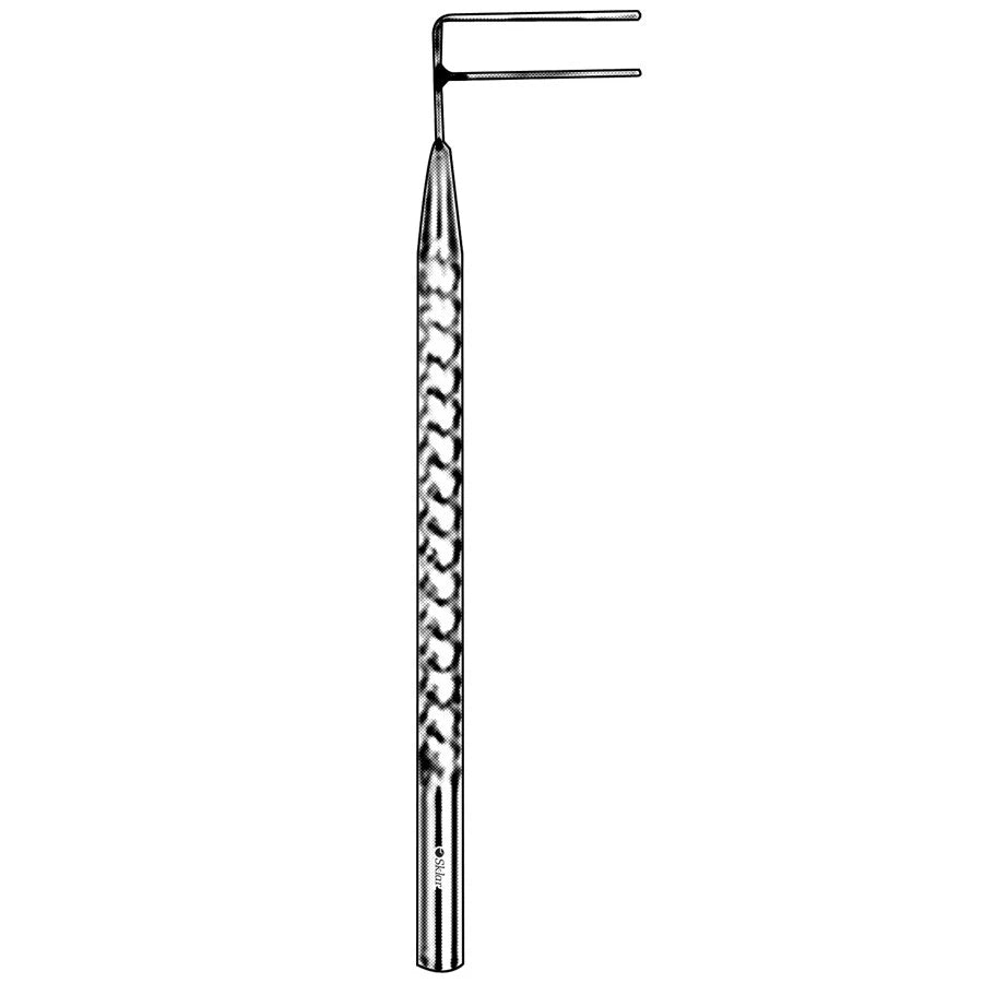 Harms trabeculotomy probe, 5cm, right-handed with suture holes