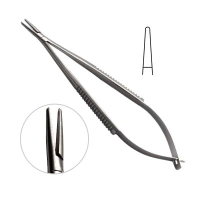 5.5 Micro Needle Holders 8mm handle .4mm tips flat jaw, curved w/o lock