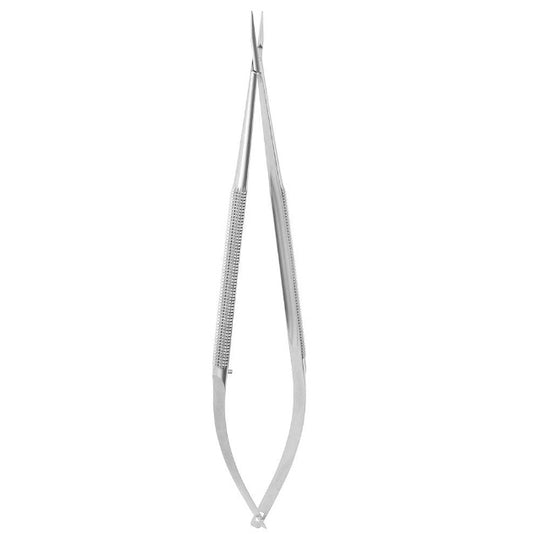 A micro needle holder with smooth, silver-colored jaws and a locking mechanism.