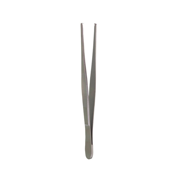 A pair of 5 1/2 inch tissue forceps with a standard pattern, featuring two interlocking teeth