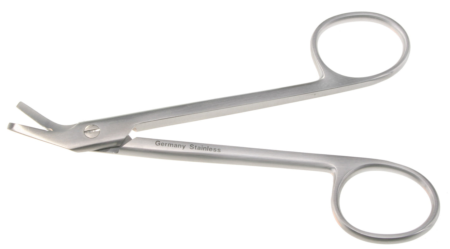 Wire Cutting Scissors with Angled Serrated Notched Blades.