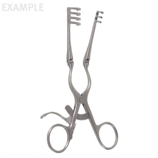 Weitlaner Retractor measures 5 1/2" and has hinged arms and four sharp prongs.