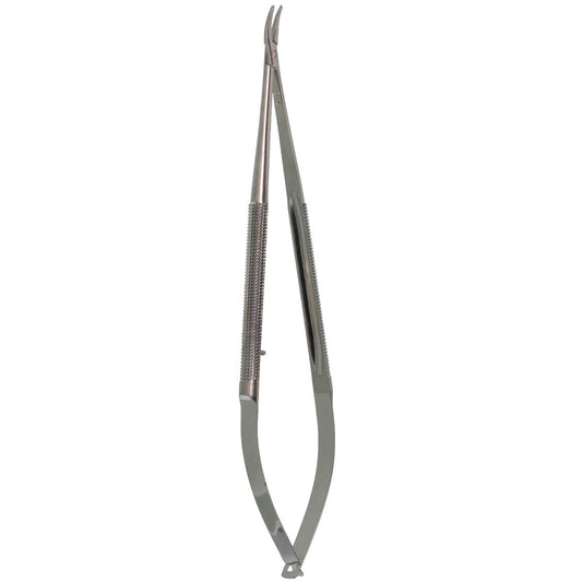 A pair of micro needle holders with smooth jaws and no locking mechanism.