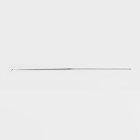 A silver micro ball disector with an angled shaft and ball-shaped tip, against a white background.