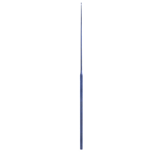 A straight micro ball dissector with a blue handle, used for delicate surgical procedures such as neurosurgery and microsurgery.